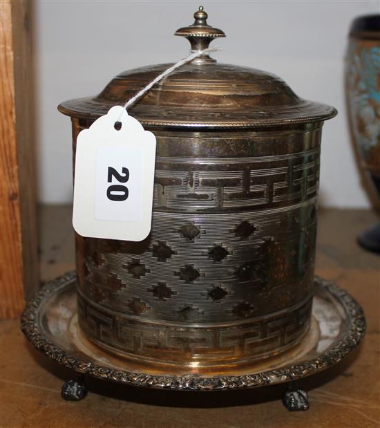Victorian plated biscuit barrel on integral stand